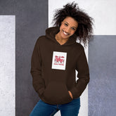 Dark brown unisex hoodie with hood, front pocket, and square chest graphic patch