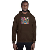 Dark brown unisex hoodie with colorful chest graphic and kangaroo front pocket