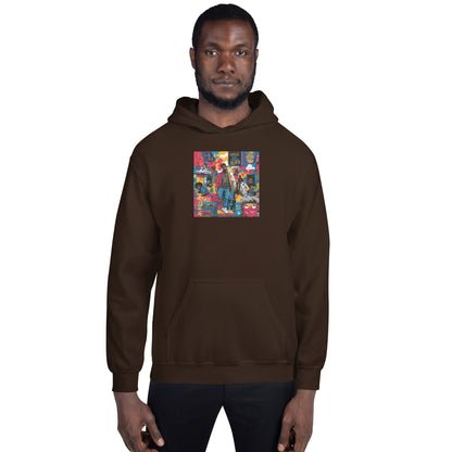 Sudadera con capucha marrón oscuro, vista frontal; estampado multicolor y bolsillo canguro