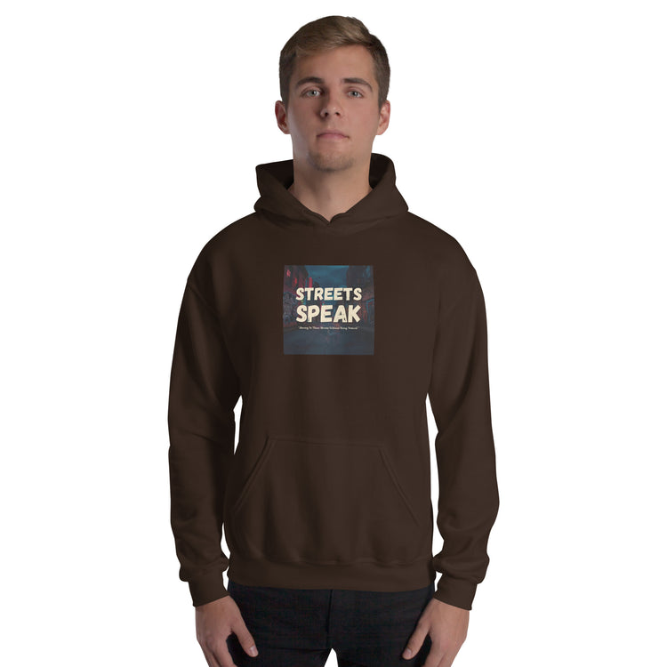 Unisex dark brown hoodie with pullover hood, chest graphic, and kangaroo pocket.
