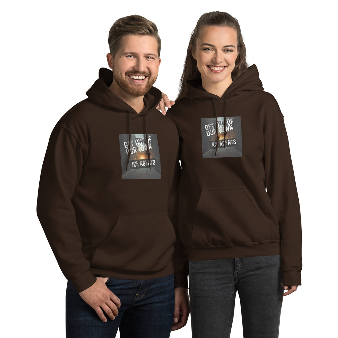 Move In Silence unisex hoodie in dark brown with front logo graphic and kangaroo pocket