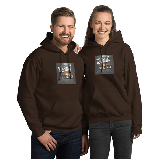 Move In Silence unisex hoodie in dark brown with front logo graphic and kangaroo pocket