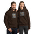 Move In Silence unisex hoodie in dark brown with front logo graphic and kangaroo pocket