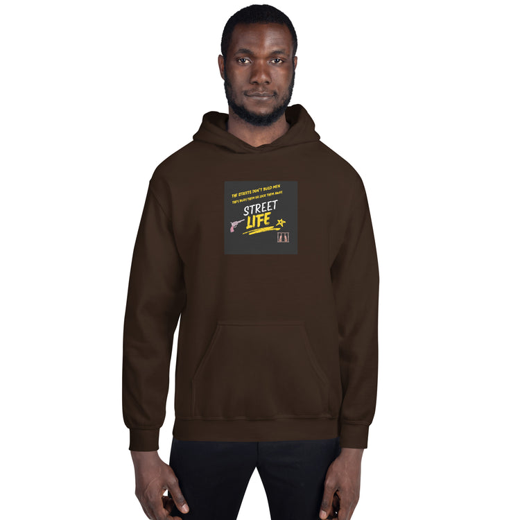 Dark brown unisex pullover hoodie with hood and front graphic patch