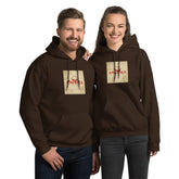 Dark brown unisex hoodie with front pocket and hood, graphic chest print