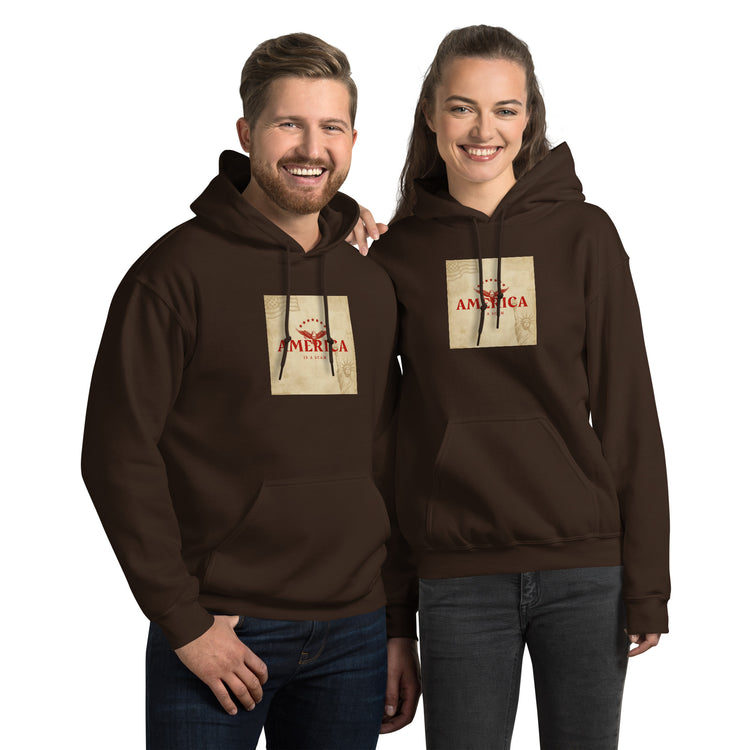 Dark brown unisex hoodie with front pocket and hood, graphic chest print