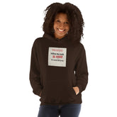 Dark brown unisex hoodie with hood and kangaroo pocket, chest logo patch