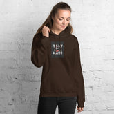 Unisex dark brown hoodie with hood and front chest graphic
