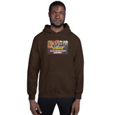 Dark brown unisex hoodie with hood, drawstrings, and front graphic patch