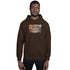 Dark chocolate unisex hoodie front view with hood, drawstring, and chest graphic