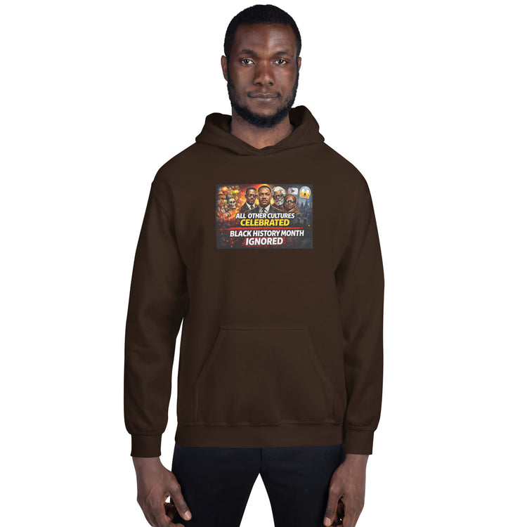 Dark brown unisex hoodie with hood, drawstrings, and front graphic patch