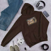Unisex dark brown hoodie with chest graphic and front kangaroo pocket