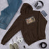 Dark chocolate unisex hoodie with front graphic print, kangaroo pocket, drawstring hood