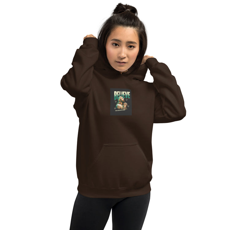 Unisex hoodie in dark brown with hood and kangaroo pocket, logo patch on chest