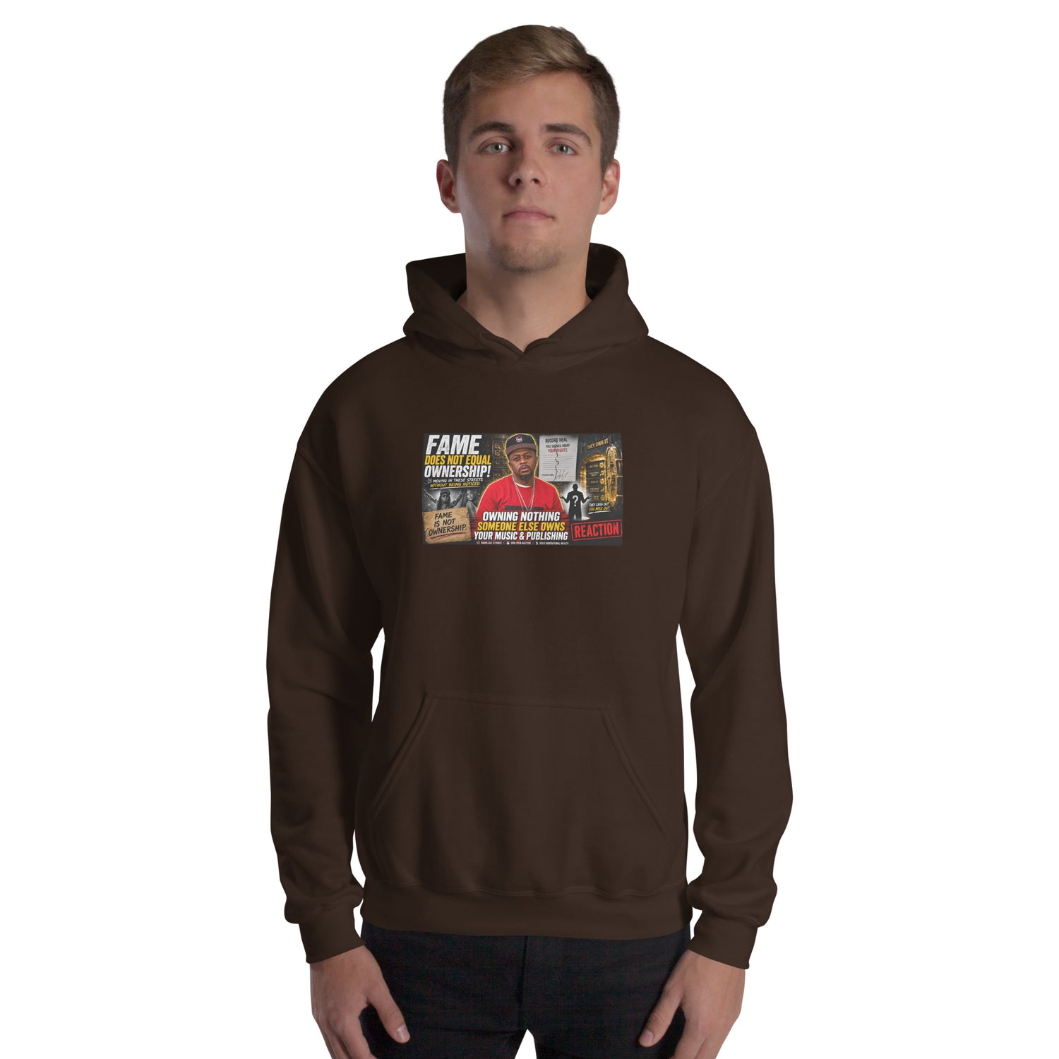 Dark chocolate unisex hoodie with front graphic print and drawstring hood