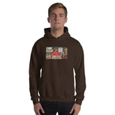 Dark chocolate unisex hoodie with front graphic print and drawstring hood