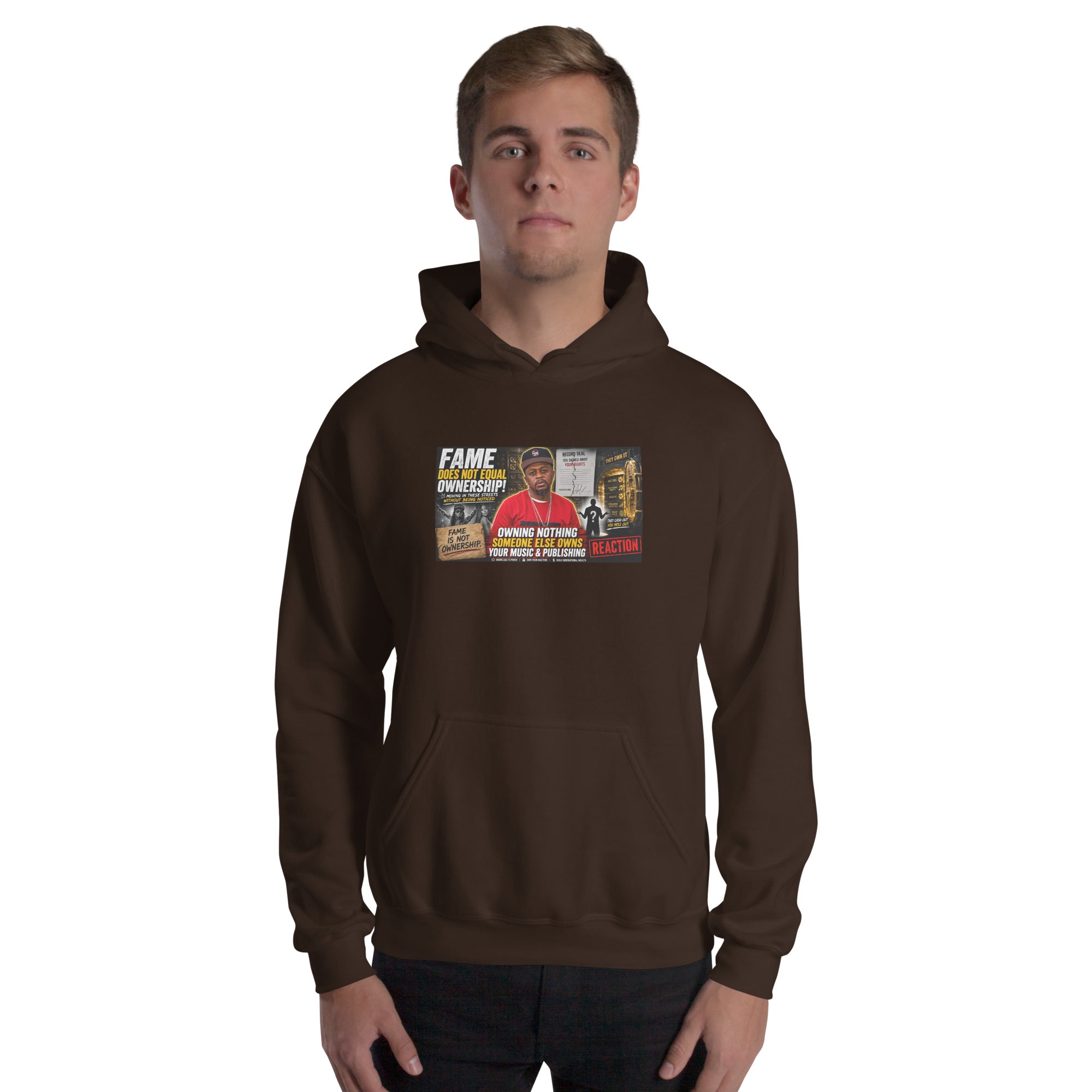 Dark chocolate unisex hoodie with front graphic print and drawstring hood