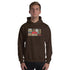 Dark chocolate unisex hoodie with front graphic print and drawstring hood