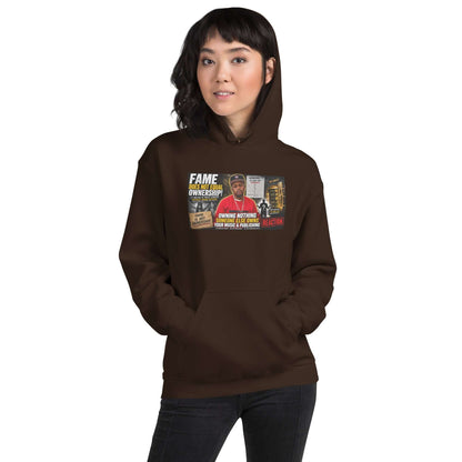 Dark brown pullover hoodie with front graphic print, kangaroo pocket, and drawstring hood.