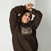 Dark brown pullover hoodie with hood, front pocket, and colorful street graphic on chest