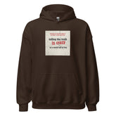 Brown pullover hoodie with hood, kangaroo pocket, and chest graphic label