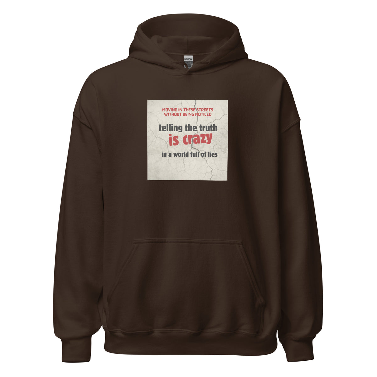 Brown pullover hoodie with hood, kangaroo pocket, and chest graphic label