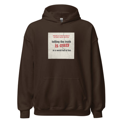 Brown pullover hoodie with hood, kangaroo pocket, and chest graphic label
