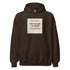 Brown pullover hoodie with hood, kangaroo pocket, and chest graphic label