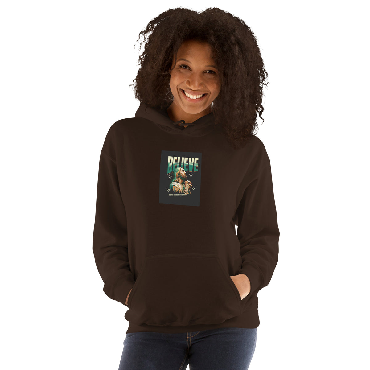 Dark brown pullover hoodie with hood and front chest graphic patch.