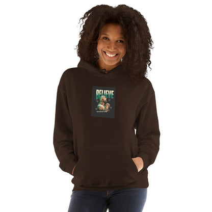 Dark brown pullover hoodie with hood and front chest graphic patch.