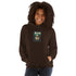 Dark brown pullover hoodie with hood and front chest graphic patch.