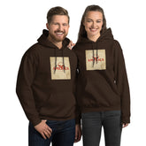 Unisex dark brown streetwear hoodie with front “AMERICA” graphic print, kangaroo pocket.