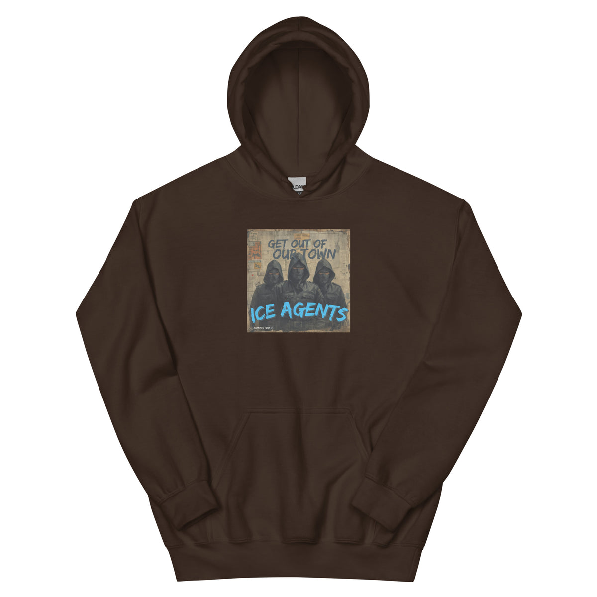 Dark brown pullover hoodie with front graphic logo print and kangaroo pocket