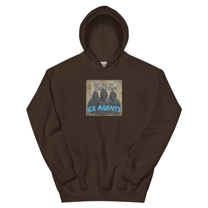 Dark brown pullover hoodie with front graphic logo print and kangaroo pocket