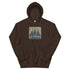 Dark brown pullover hoodie with front graphic logo print and kangaroo pocket