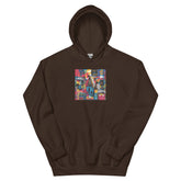 Dark brown pullover hoodie with colorful square graphic on the chest