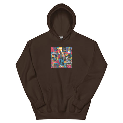 Dark brown pullover hoodie with colorful square graphic on the chest