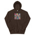 Dark brown pullover hoodie with colorful square graphic on the chest