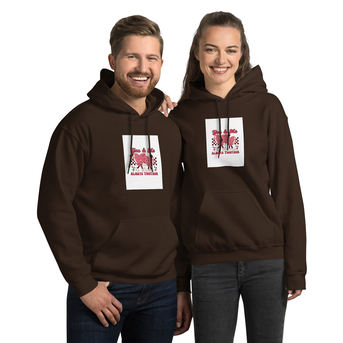 Dark brown pullover hoodie with hood and front pocket, square chest graphic print.