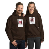 Dark brown pullover hoodie with hood and front pocket, square chest graphic print.