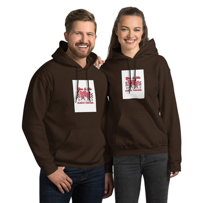 Dark brown pullover hoodie with hood and front pocket, square chest graphic print.