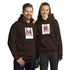Dark brown pullover hoodie with hood and front pocket, square chest graphic print.