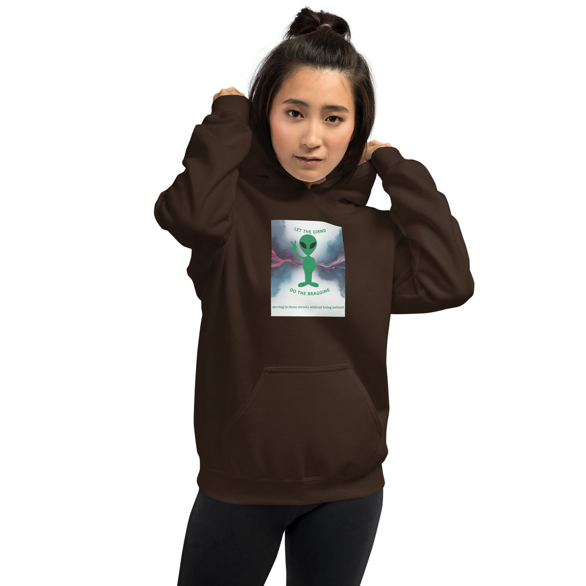Dark chocolate pullover hoodie with hood, kangaroo pocket, and chest square graphic