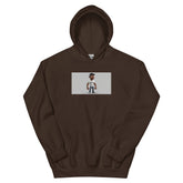 Dark brown unisex pullover hoodie with centered graphic print and kangaroo pocket