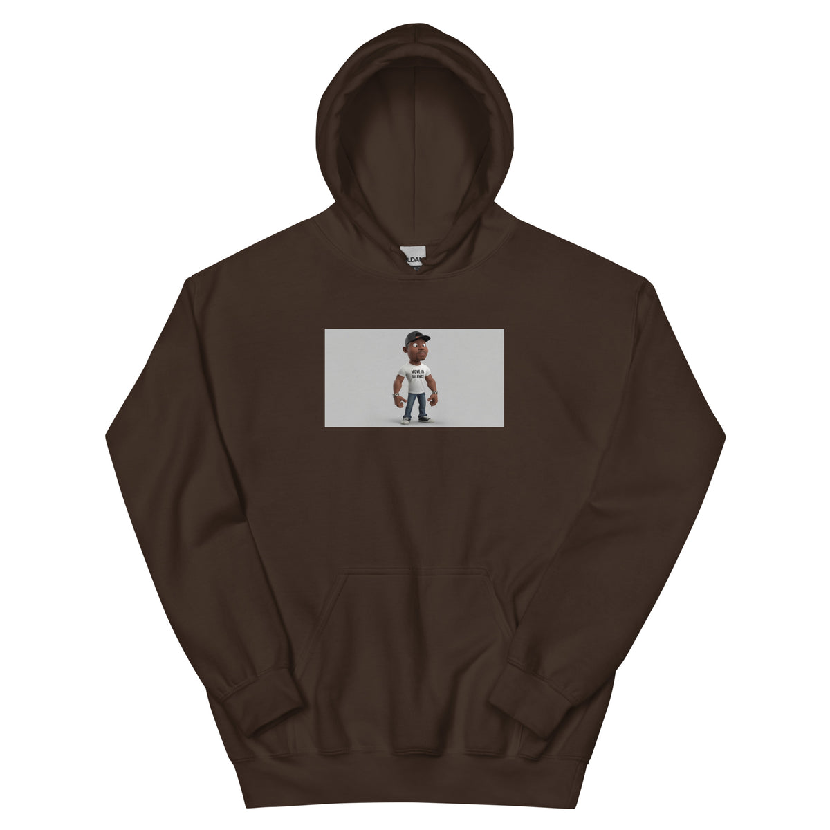 Dark brown unisex pullover hoodie with centered graphic print and kangaroo pocket