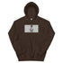 Dark brown unisex pullover hoodie with centered graphic print and kangaroo pocket