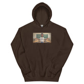 Dark brown pullover hoodie with kangaroo pocket, adjustable hood, and small chest graphic.