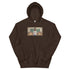 Dark brown pullover hoodie with kangaroo pocket, adjustable hood, and small chest graphic.