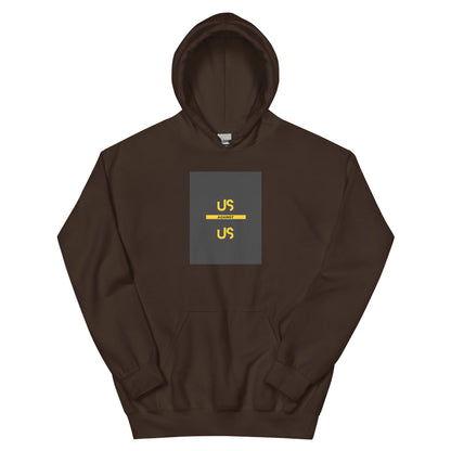 Unisex dark brown pullover hoodie with yellow “US” chest graphic and front pouch pocket