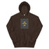 Unisex dark brown pullover hoodie with yellow “US” chest graphic and front pouch pocket